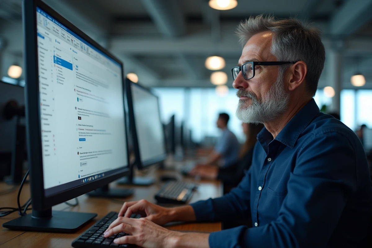 Homme d'affaires accédant à sa boîte mail Hotmail sur un ordinateur de bureau en open space
