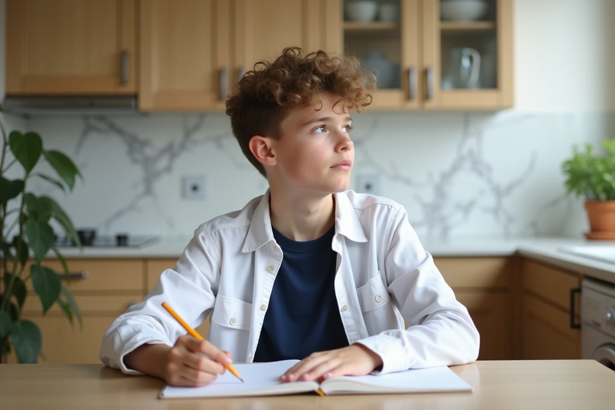 Adolescent en seconde générale travaillant ses révisions à la maison avec une expression concentrée et sereine