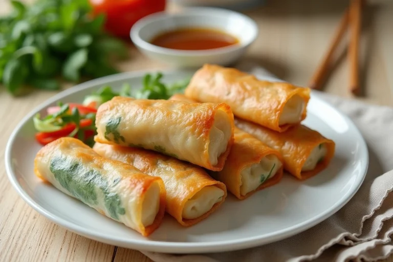 Assiette de nems frits dorés et nems frais disposés sur une table en bois avec sauce nuoc-mâm, illustration de leur valeur nutritionnelle