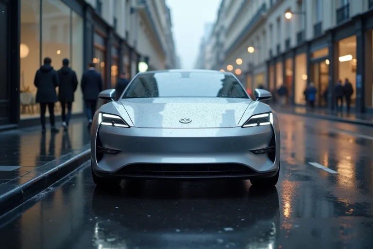 Berline électrique 2024 garée sur une rue parisienne sous la pluie, reflétant l'architecture urbaine moderne