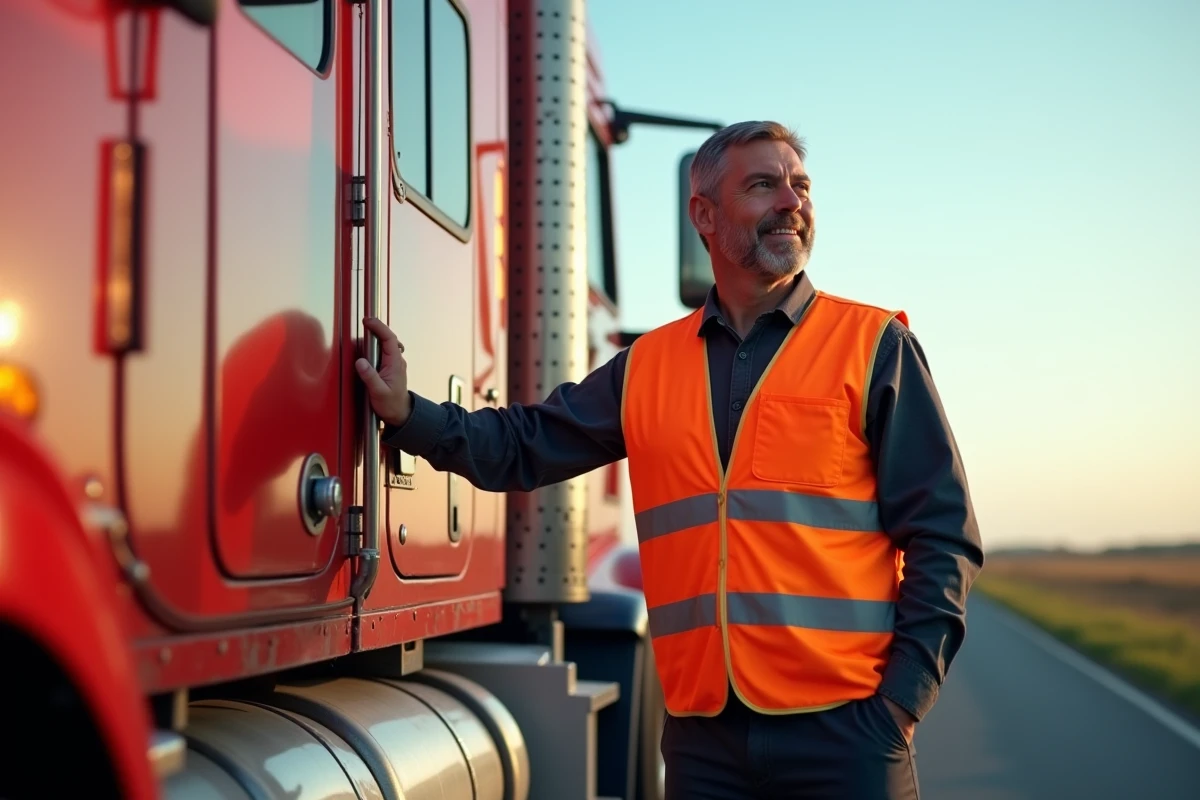Chauffeur routier professionnel debout près de la cabine d'un camion longue distance sur une route rurale, portant un gilet haute visibilité orange