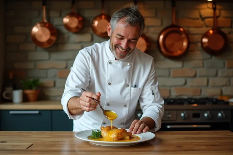 Chef français verse sauce vin jaune sur poulet traditionnel