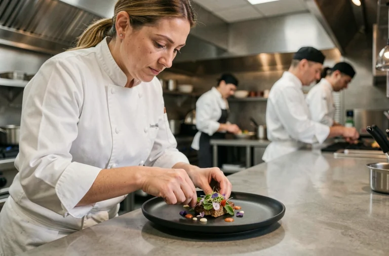 Cheffe cuisinière dressant une assiette gastronomique moderne dans une cuisine professionnelle contemporaine