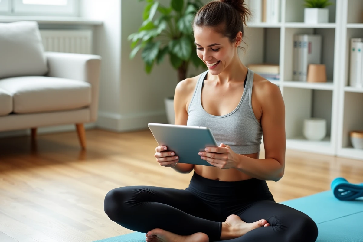 Femme pratiquant une séance de coaching sportif en ligne depuis son salon avec une tablette