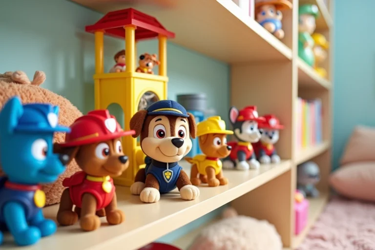 Collection de jouets Pat' Patrouille exposés sur une étagère en bois dans une chambre d'enfant colorée