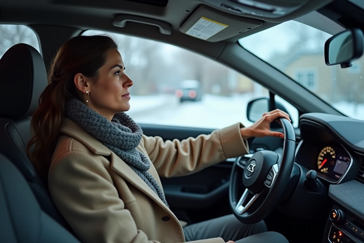 Conductrice activant le dégivrage des rétroviseurs depuis l'intérieur de son véhicule en hiver