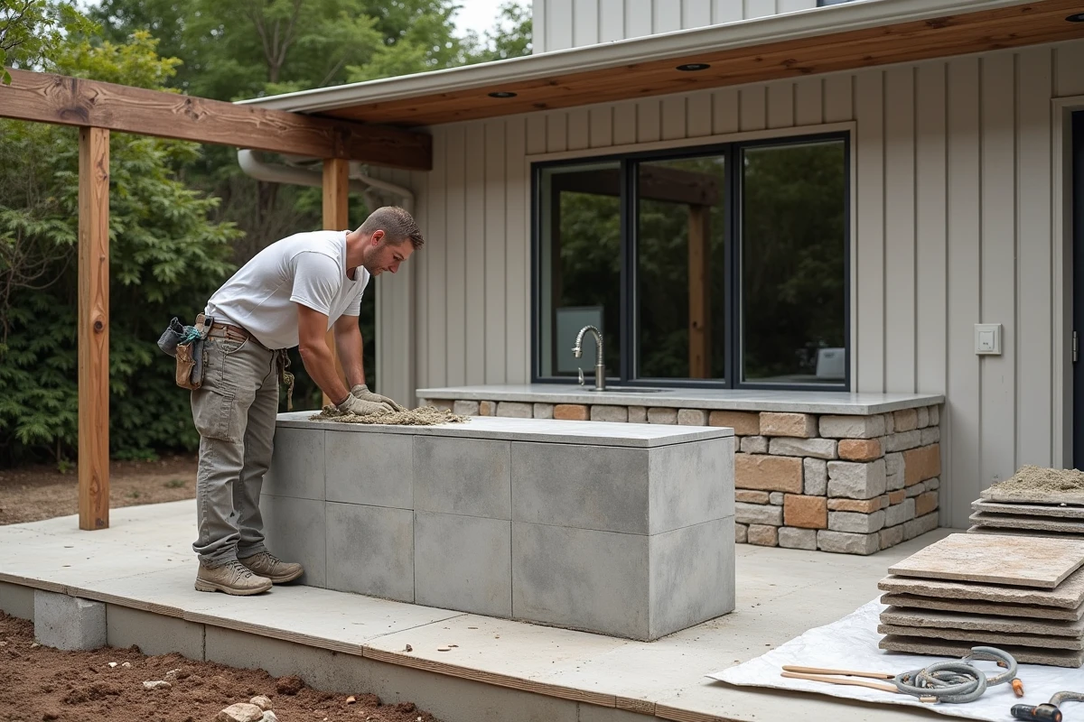 Construction d'une cuisine d'été extérieure en cours avec pose de parpaings et matériaux de revêtement en pierre naturelle