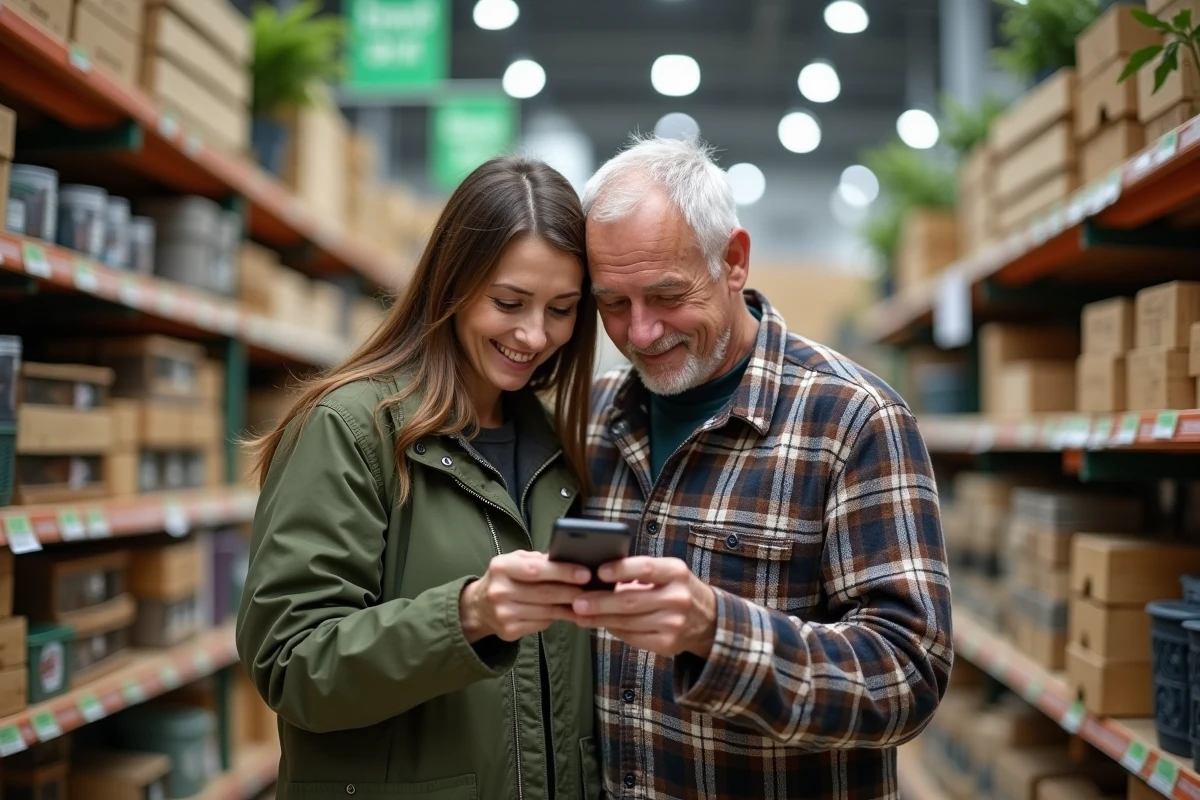 Couple consultant un smartphone avec une carte Illicado pour un achat en ligne Leroy Merlin en rayon jardinage