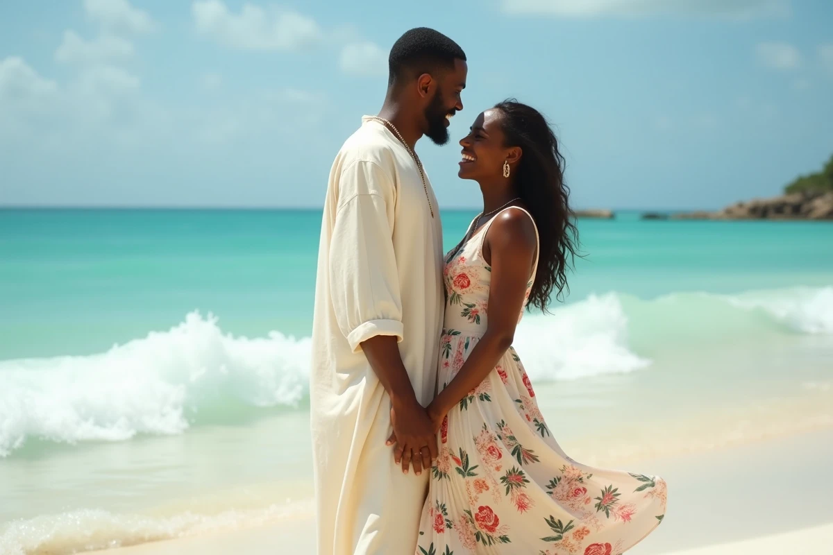 Couple jamaïcain complice sur une plage des Caraïbes, illustrant la vie amoureuse et les relations sentimentales de Bob Marley
