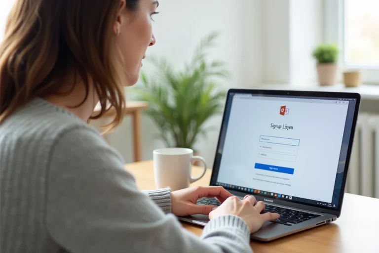 Femme créant une adresse mail Hotmail gratuite sur un ordinateur portable dans un bureau à domicile