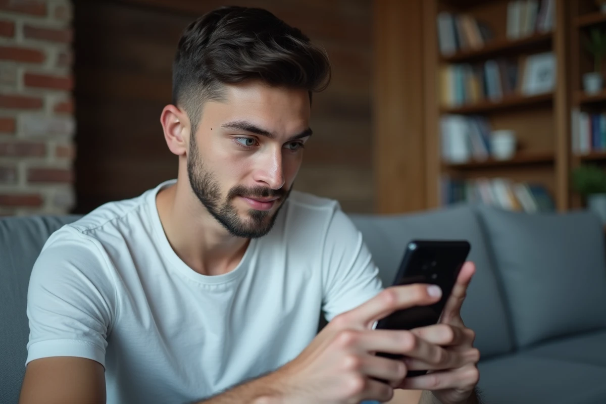Jeune homme configurant un compte Hotmail sur smartphone dans un salon moderne