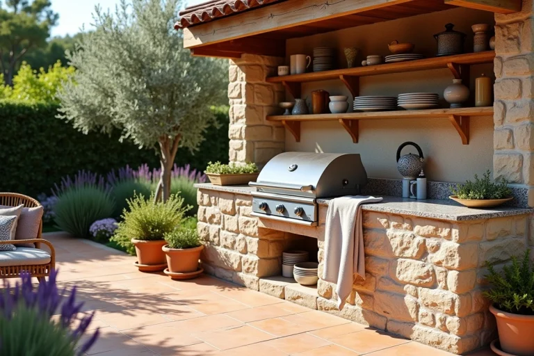 Cuisine d'été extérieure aménagée avec plan de travail en granit et barbecue encastré dans un jardin pavillonnaire français