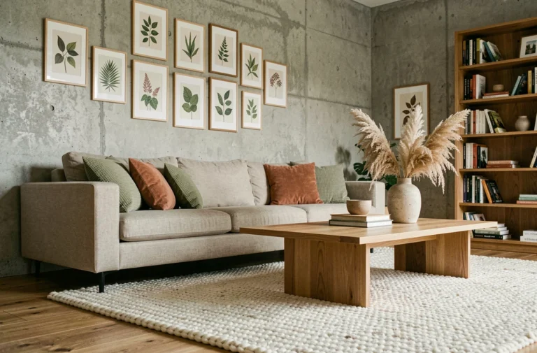 Salon moderne au style scandinave avec canapé en lin, coussins en tons naturels, table basse en chêne et mur de cadres botaniques
