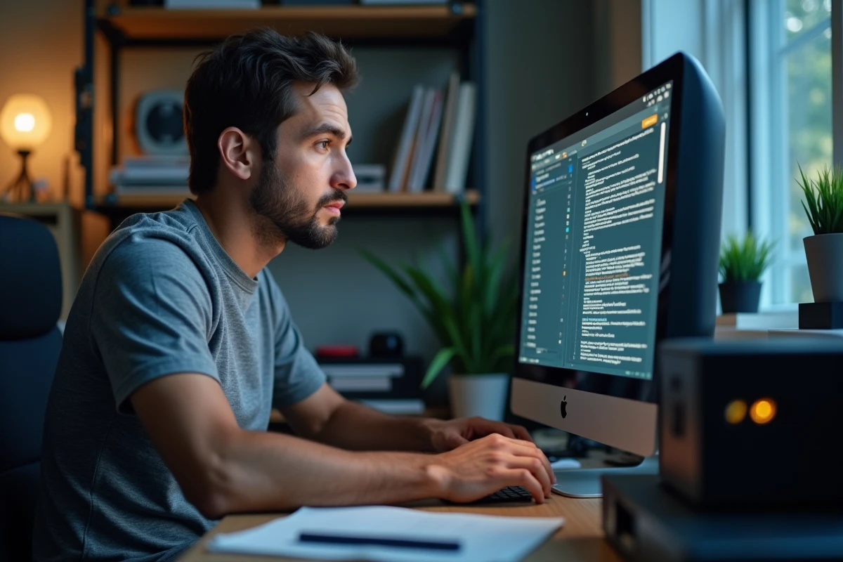 Homme en train de résoudre un problème de connexion sur une application de partage de fichiers eMule depuis son bureau à domicile