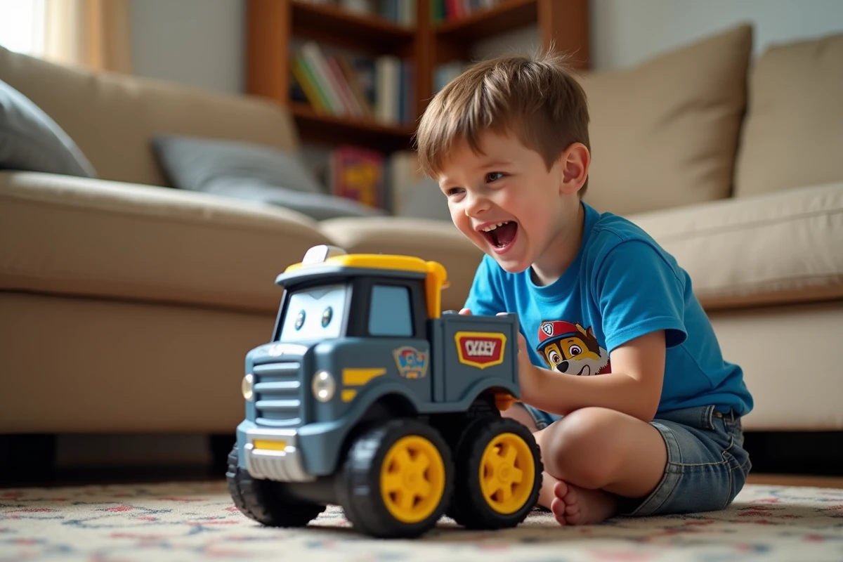 Enfant jouant avec le camion Patroller de la Pat' Patrouille sur le sol d'un salon familial