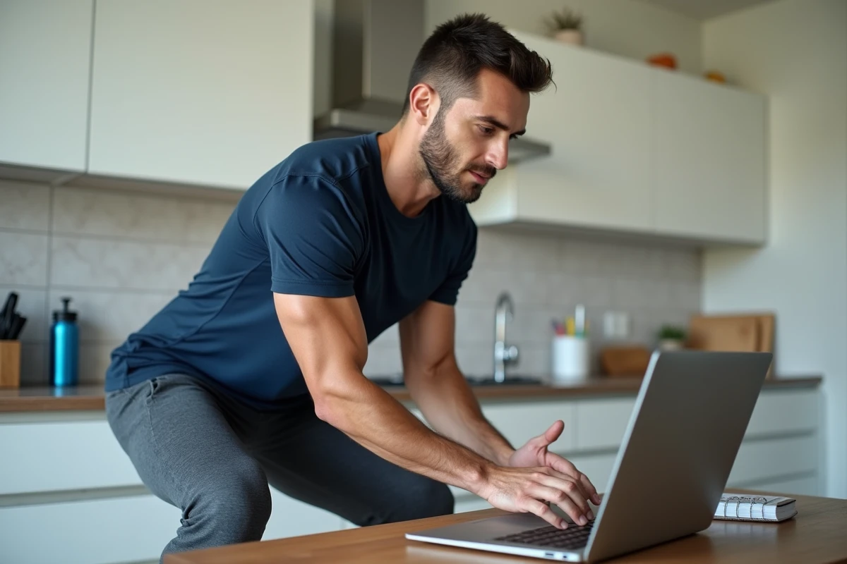 Homme réalisant des squats en suivant les instructions d'un coach sportif en ligne sur ordinateur portable