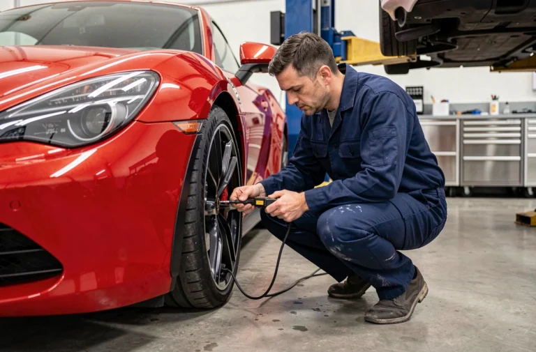 Mécanicien spécialisé inspectant une voiture de sport rouge dans un garage professionnel à Mâcon