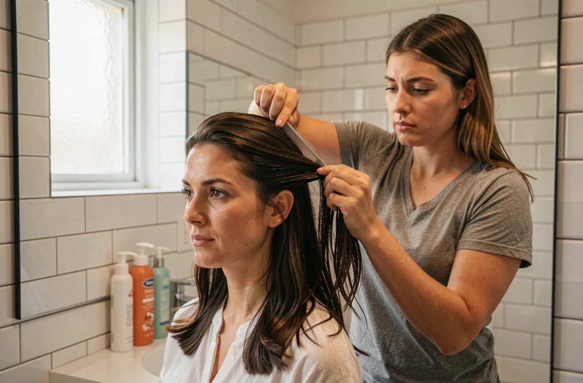 Femme examinant les cheveux d'une autre personne avec un peigne antipoux fin dans une salle de bain familiale