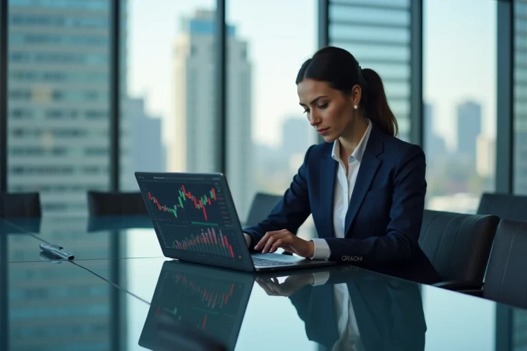 Femme d affaires en costume analysant des graphiques financiers