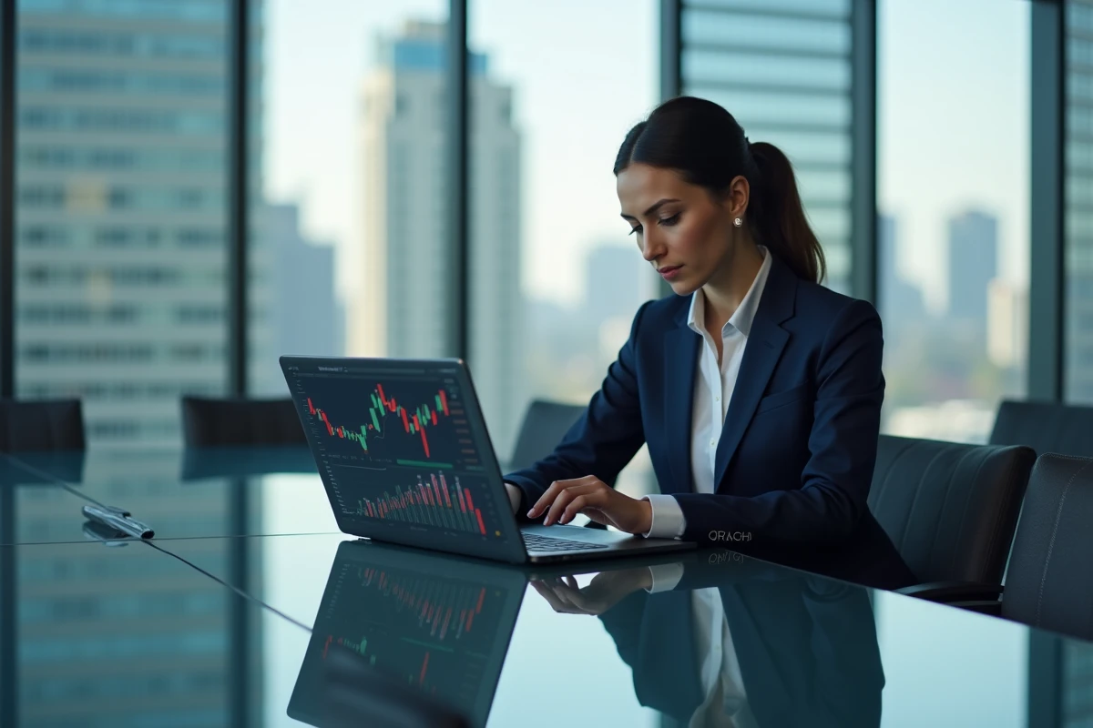 Femme d affaires en costume analysant des graphiques financiers