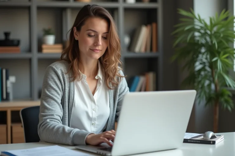 Femme en bureau moderne travaillant sur son ordinateur portable