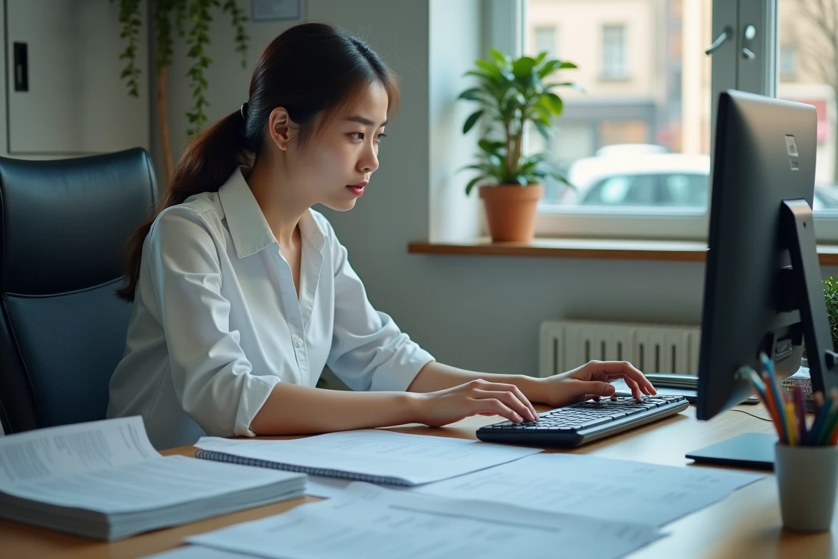 Jeune femme au bureau avec papiers de voiture