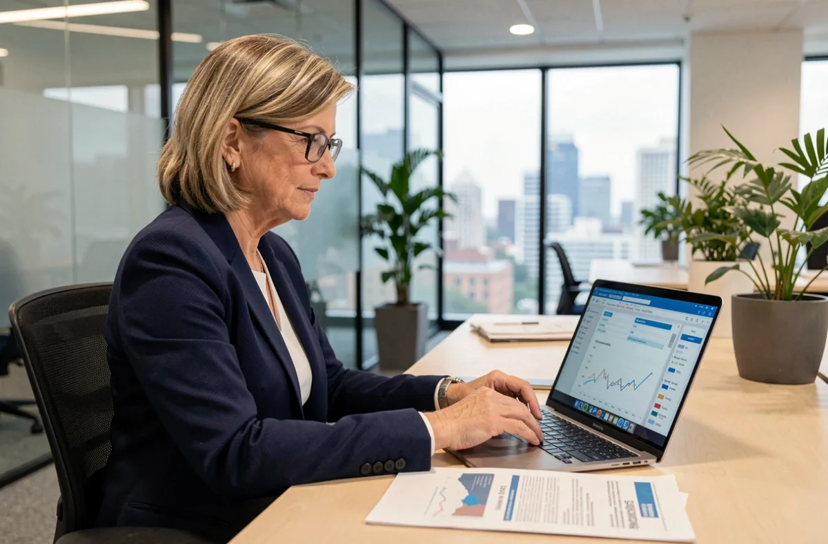Femme cadre consultant des documents d'assurance et de prévoyance dans un bureau moderne