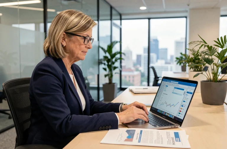 Femme cadre consultant des documents d'assurance et de prévoyance dans un bureau moderne