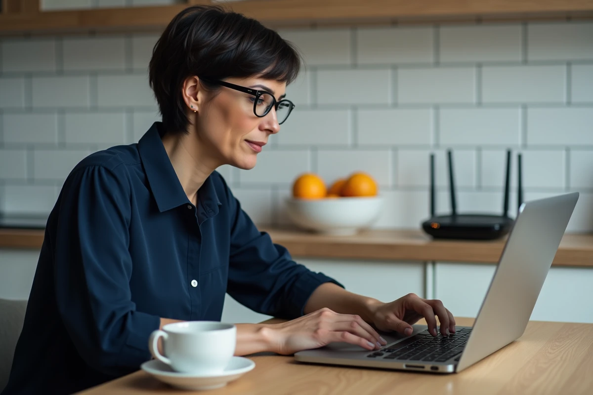 Femme configurant les paramètres réseau d'eMule sur un ordinateur portable dans une cuisine moderne pour corriger une erreur de connexion