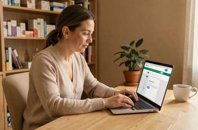 Femme consultant le sitemap d'une pharmacie en ligne sur son ordinateur portable depuis son bureau à domicile