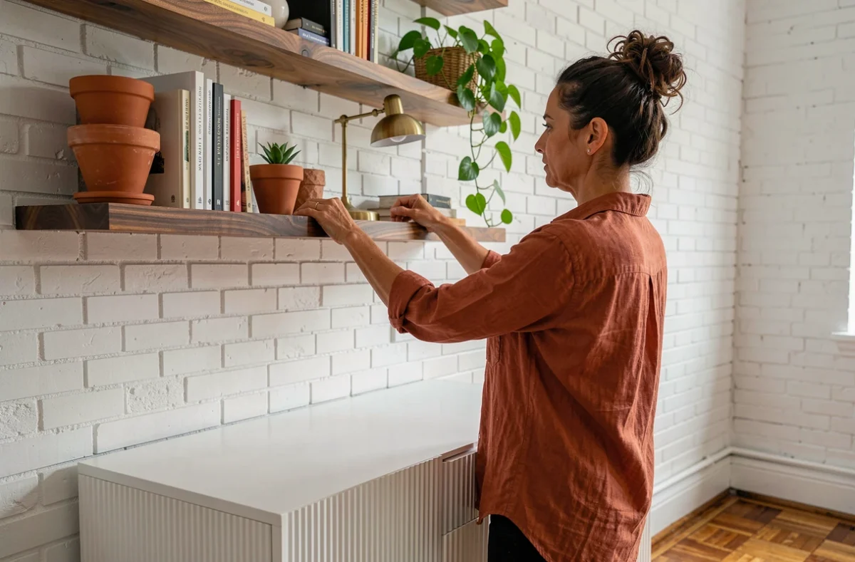 Femme aménageant un coin bureau à domicile avec étagères en noyer, plantes et objets décoratifs en laiton dans un appartement urbain