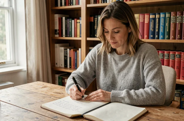Femme écrivant dans un cahier de grammaire française à son bureau, illustrant l'accord du participe passé