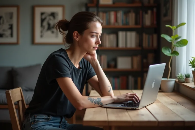 Jeune femme utilisant un ordinateur pour estimer son tatouage à domicile