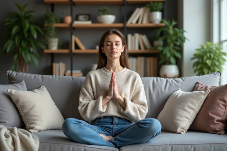 Femme en méditation dans un salon cosy et moderne