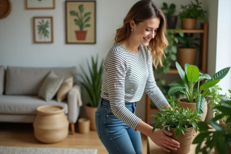 Femme souriante arrangeant des plantes vertes dans son salon cosy