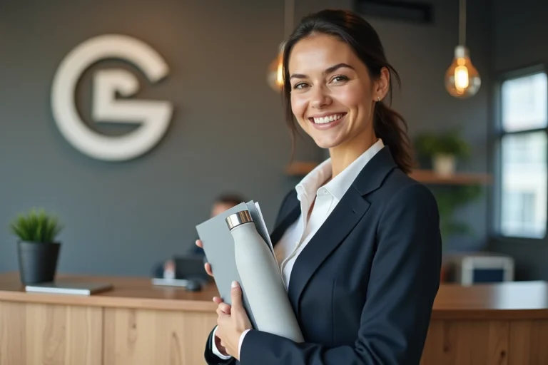 Femme professionnelle avec bouteille réutilisable dans un bureau moderne