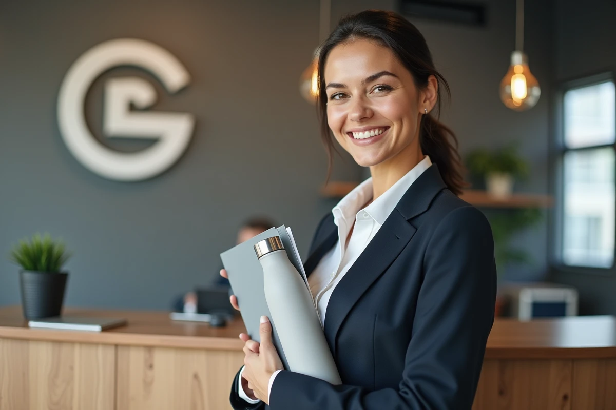 Femme professionnelle avec bouteille réutilisable dans un bureau moderne