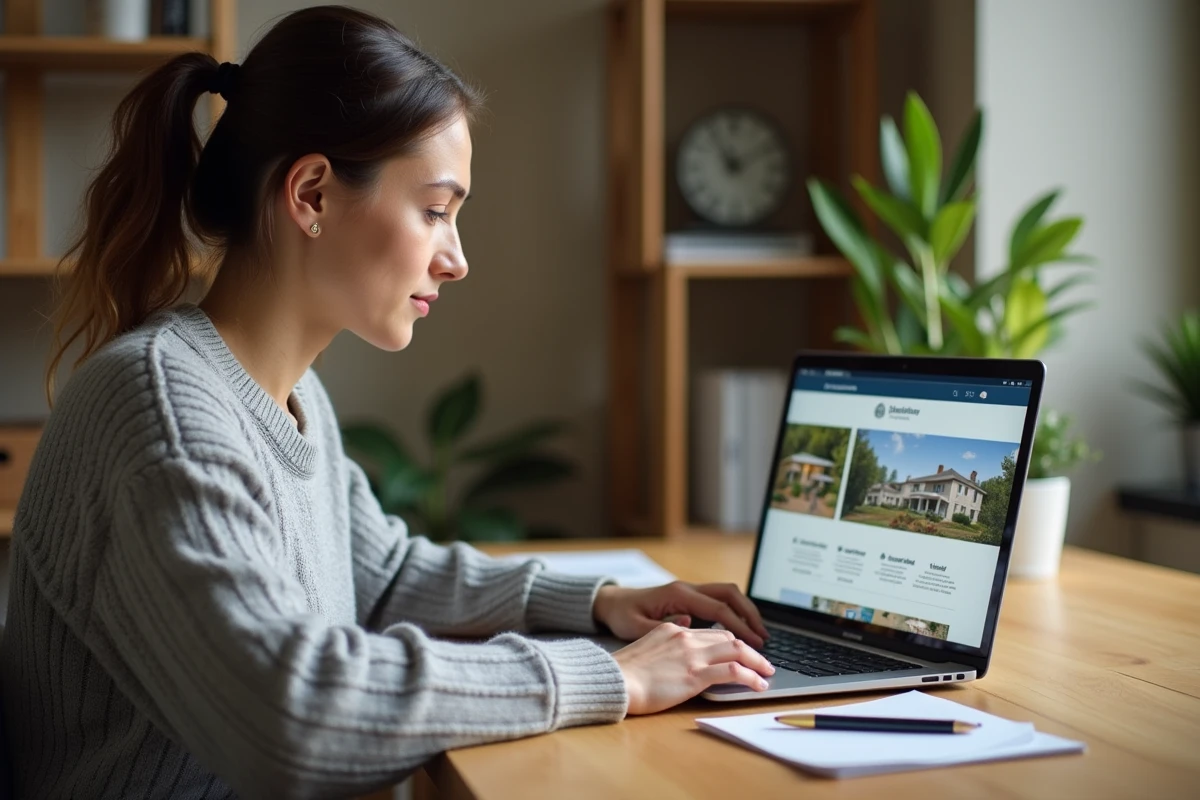 Femme consultant son espace en ligne Foncia pour obtenir une quittance de loyer depuis son bureau à domicile