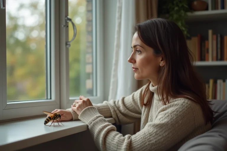 Femme réfléchie observant un frelon sur la fenêtre