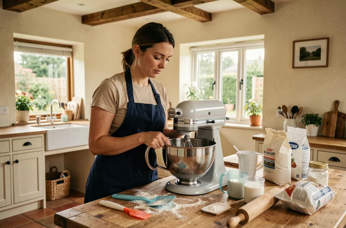 Femme utilisant un robot pâtissier entourée d'ustensiles de pâtisserie dans une cuisine style maison de campagne