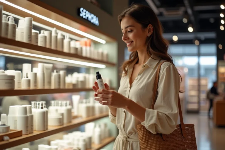 Femme élégante regardant des produits de beauté Sephora