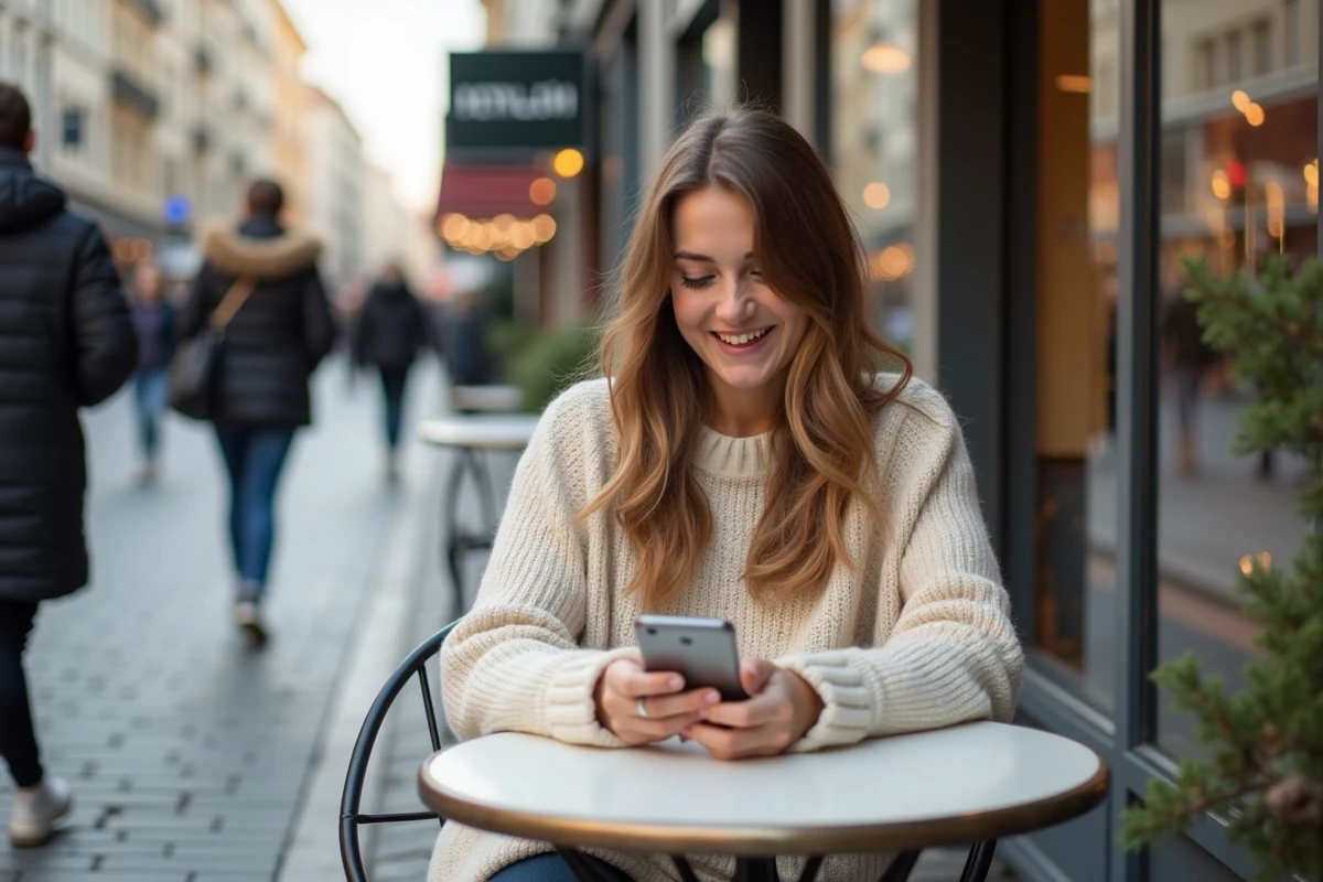 Femme souriante regardant son téléphone dans un café urbain