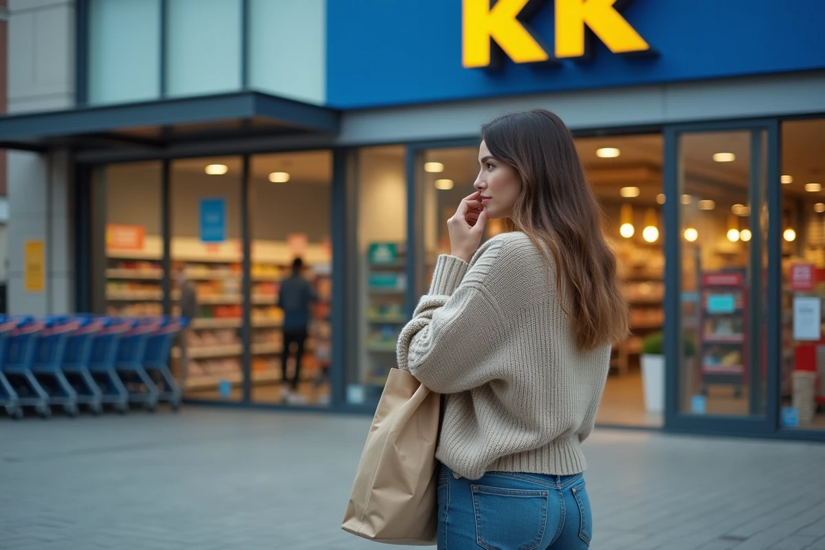 Femme regardant le supermarché avec sac réutilisable