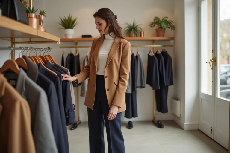 Femme stylée en blazer camel et pantalon large marine dans une boutique de mode parisienne minimaliste