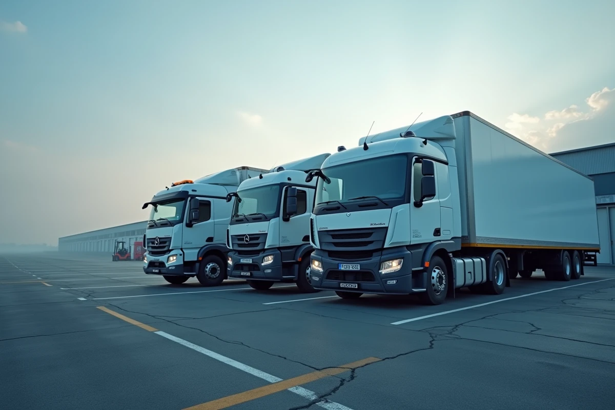 Flotte de camions commerciaux alignés dans une cour logistique au lever du jour, incluant un plateau et un camion frigorifique blancs avec marquages d'entreprise