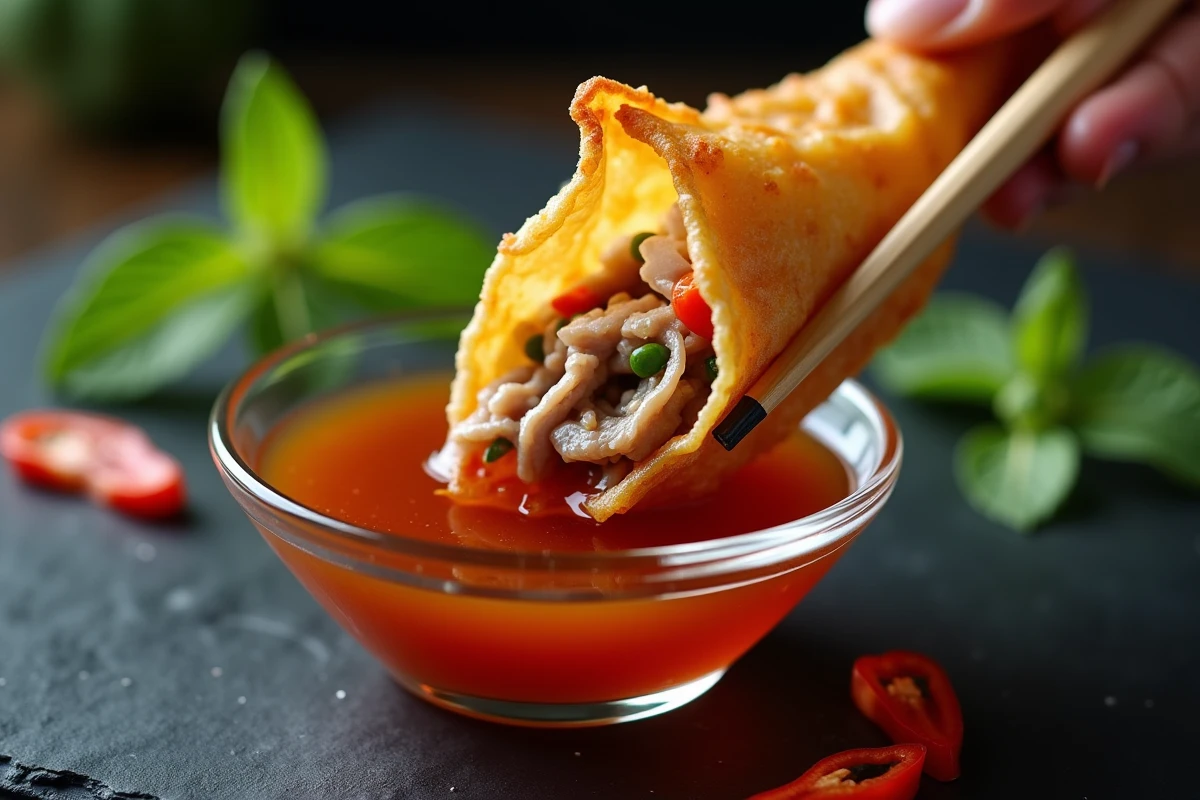 Gros plan d'un nem frit doré trempé dans la sauce nuoc-mâm avec menthe fraîche, détail de la texture croustillante et des ingrédients