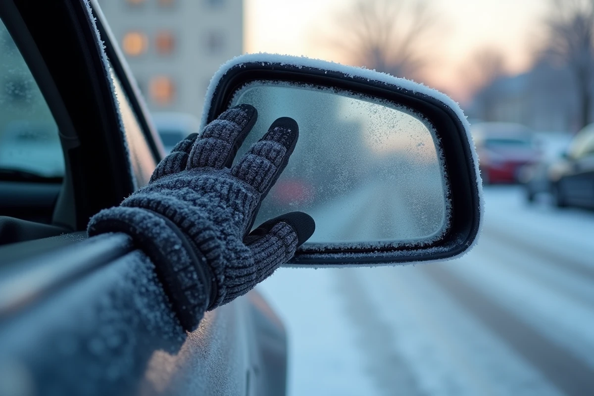 Gros plan sur un rétroviseur de voiture recouvert de givre par temps froid hivernal