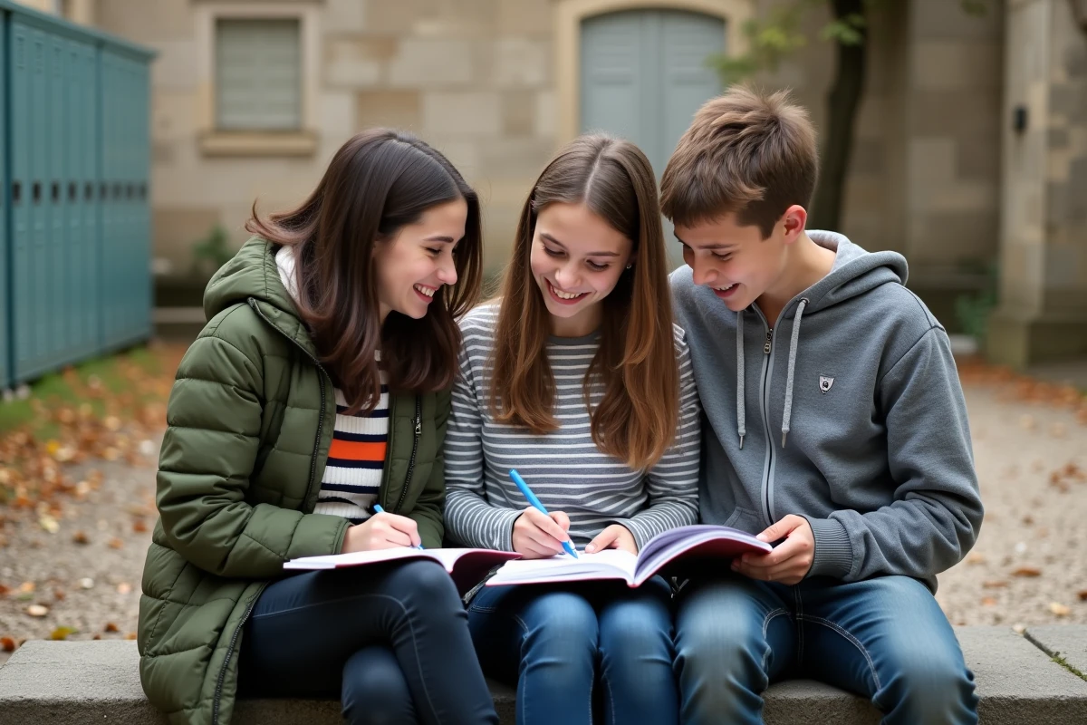 Groupe de lycéens de seconde comparant leurs notes dans la cour d'un lycée français en automne
