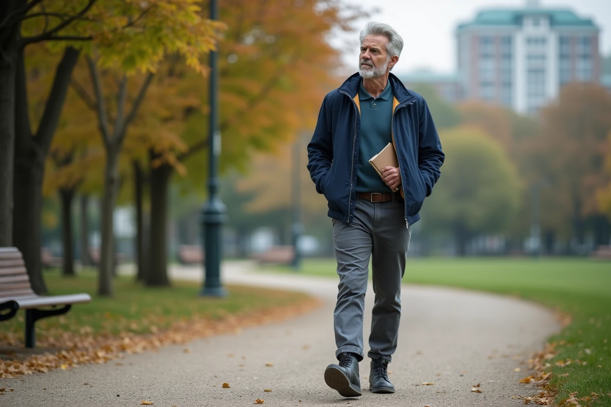 Homme marche dans un parc urbain avec un journal