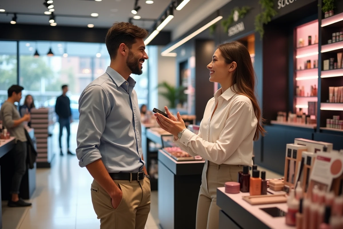 Homme discutant avec un conseiller beauté en magasin